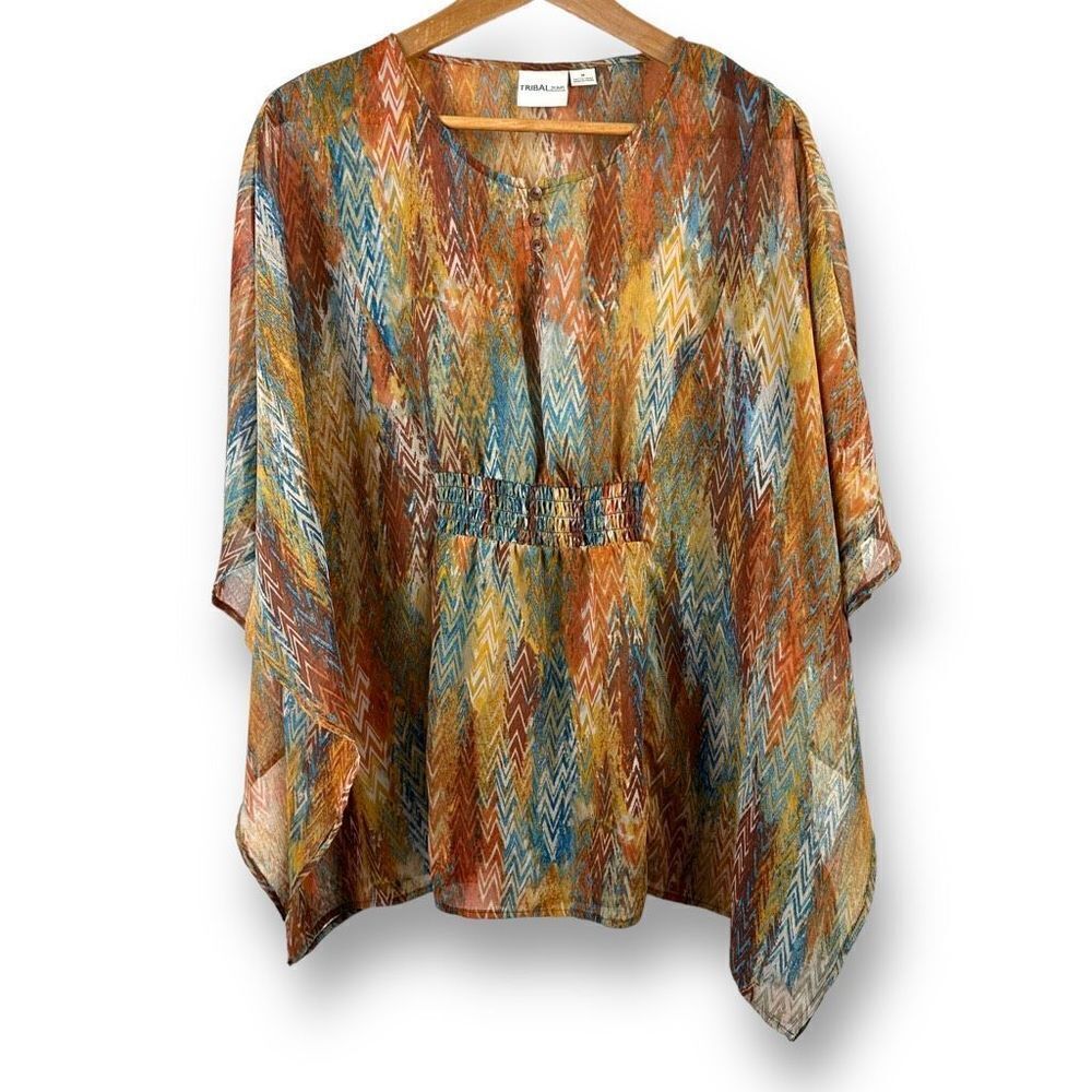 Tribal Jeans herringbone multi-color‎ print Poncho Style Blouse Size M